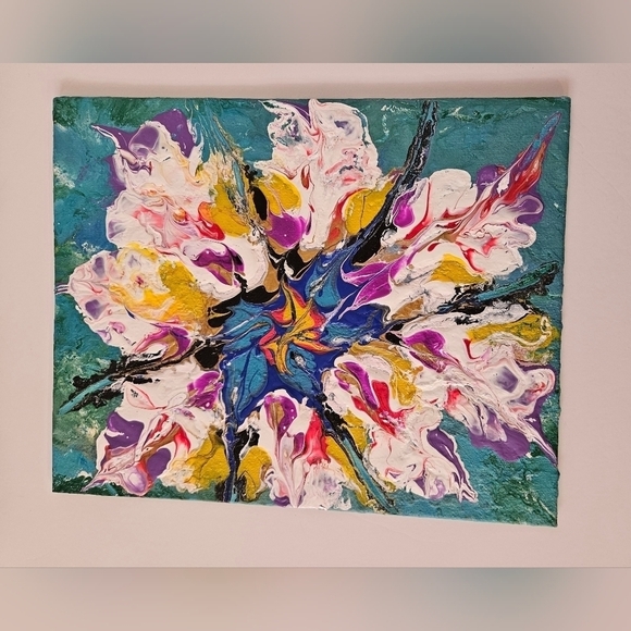 Hand Crafted original fluid art abstract dutch pour floral art upcycled blue - Picture 9 of 12